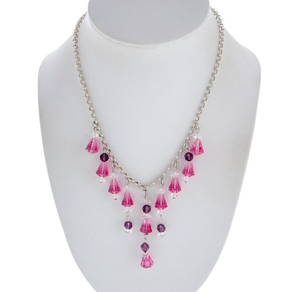 Vintage Estate Sterling Silver 925 Pink Crystal Chandelier Necklace 15"-20" - Picture 1 of 5